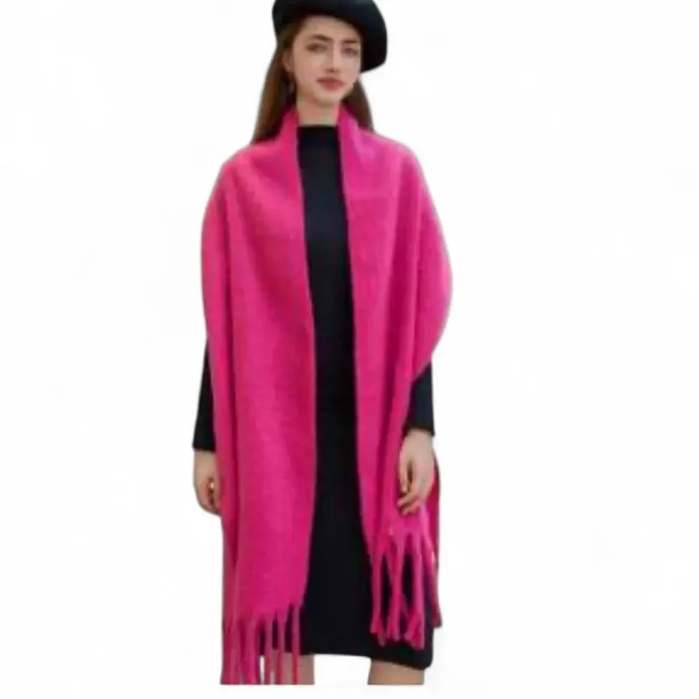 Large Oversized Electric Fuchsia Hot Pink Dopamine Wool Felt Like Scarf Fringe
